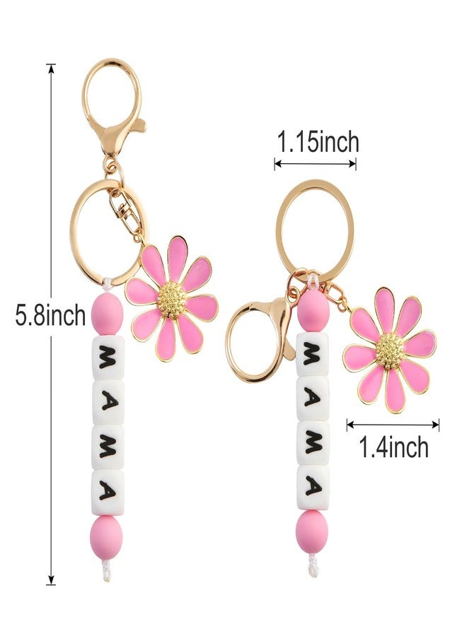 Fancheer Silicone Beaded MAMA Keychain for Mom Women Flower Pendant Key Chain Baby Shower Mother Gift Pink - Image 2